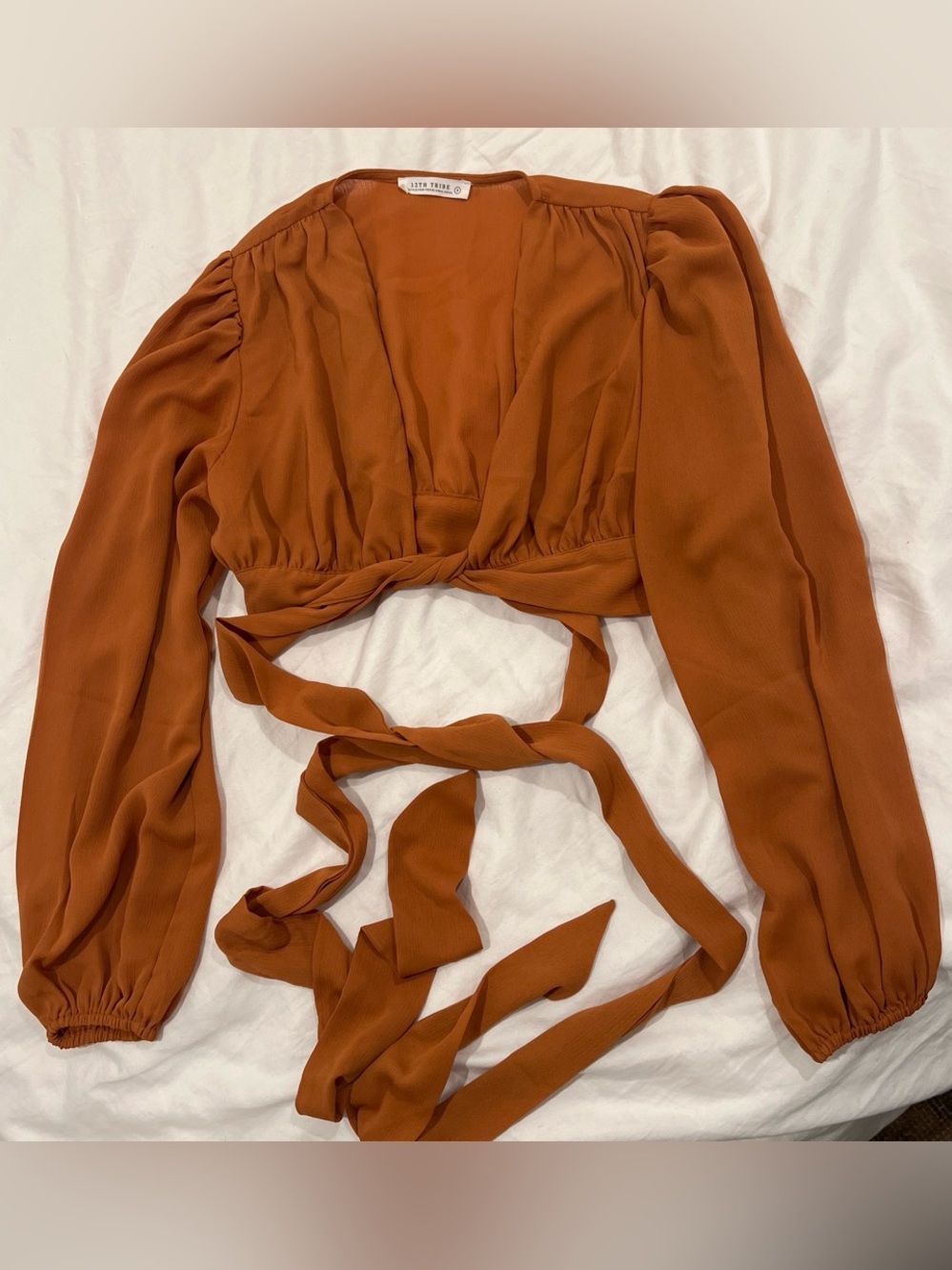 12th Tribe Rust Tie-Front Long Sleeve Crop Top Size Small